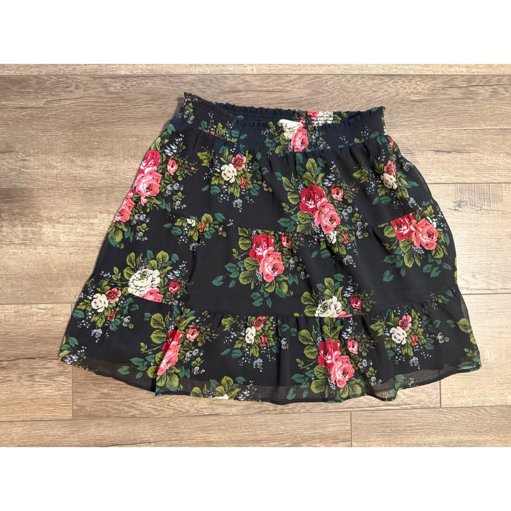 LOFT Floral Tiered Mini Skirt Black Pink Rose Smocked Waist Chiffon NWT Size S‎